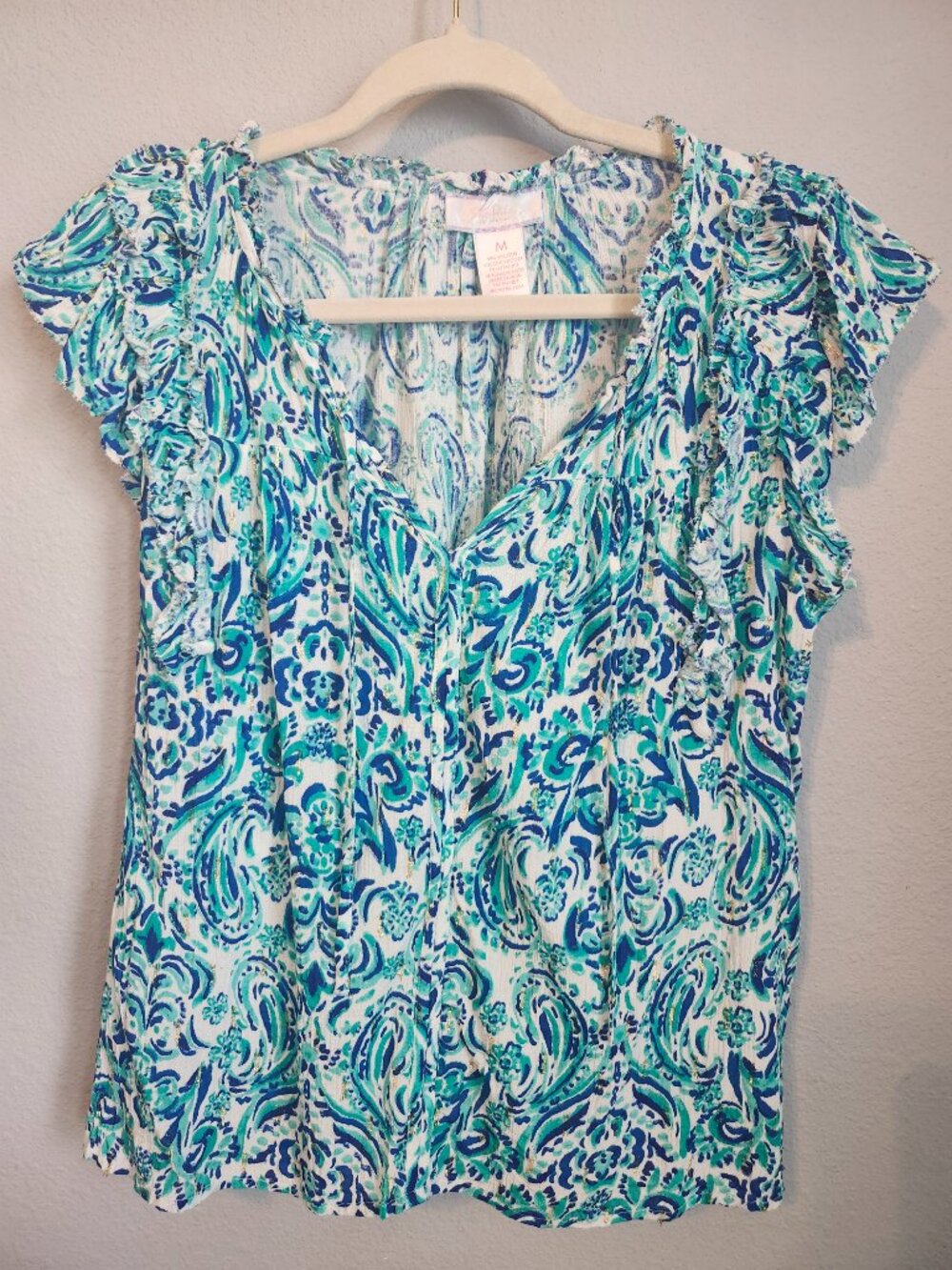 Stella Parker Blue Green Paisley Ruffle Sleeve Blouse Size M
